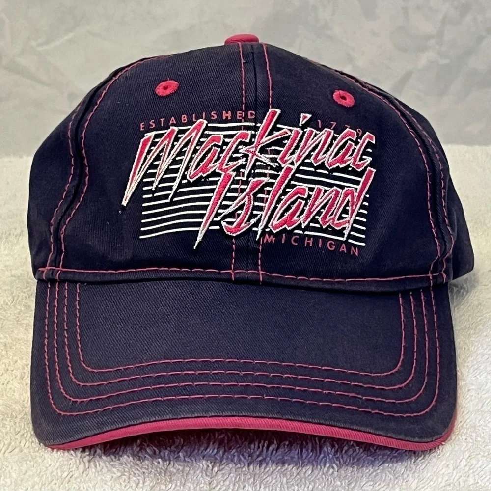 Mackinac Island Navy and Pink Women's Adjustable Cotton Ball Cap